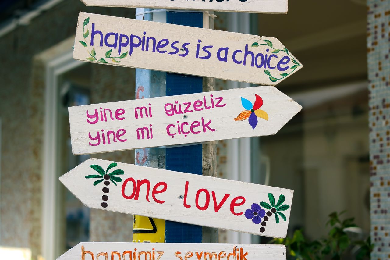 Vibrant directional signs with uplifting messages in multiple languages, adding color and positivity.